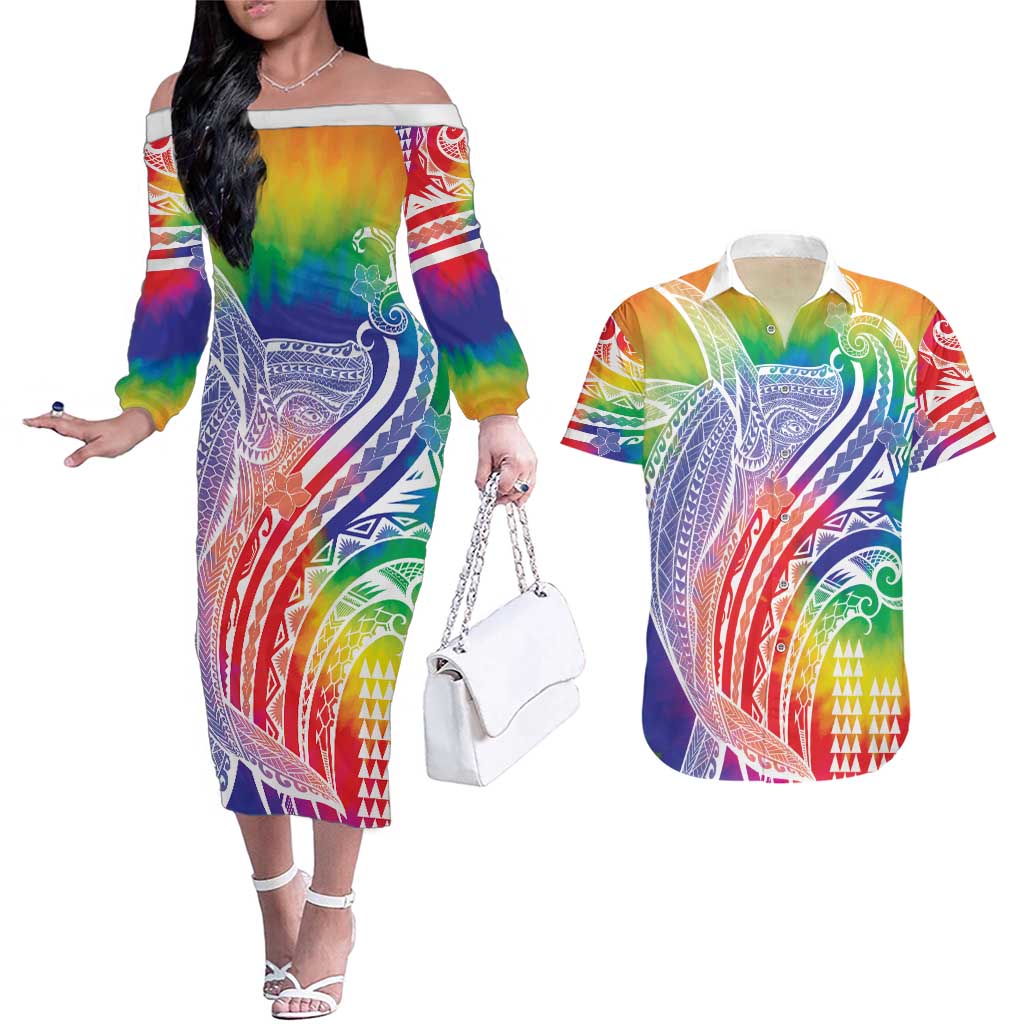 Aloha Pride Rainbow Tie Dye Couples Matching Off The Shoulder Long Sleeve Dress and Hawaiian Shirt Humpback Whale - Love is Love LT7 Colorful - Polynesian Pride