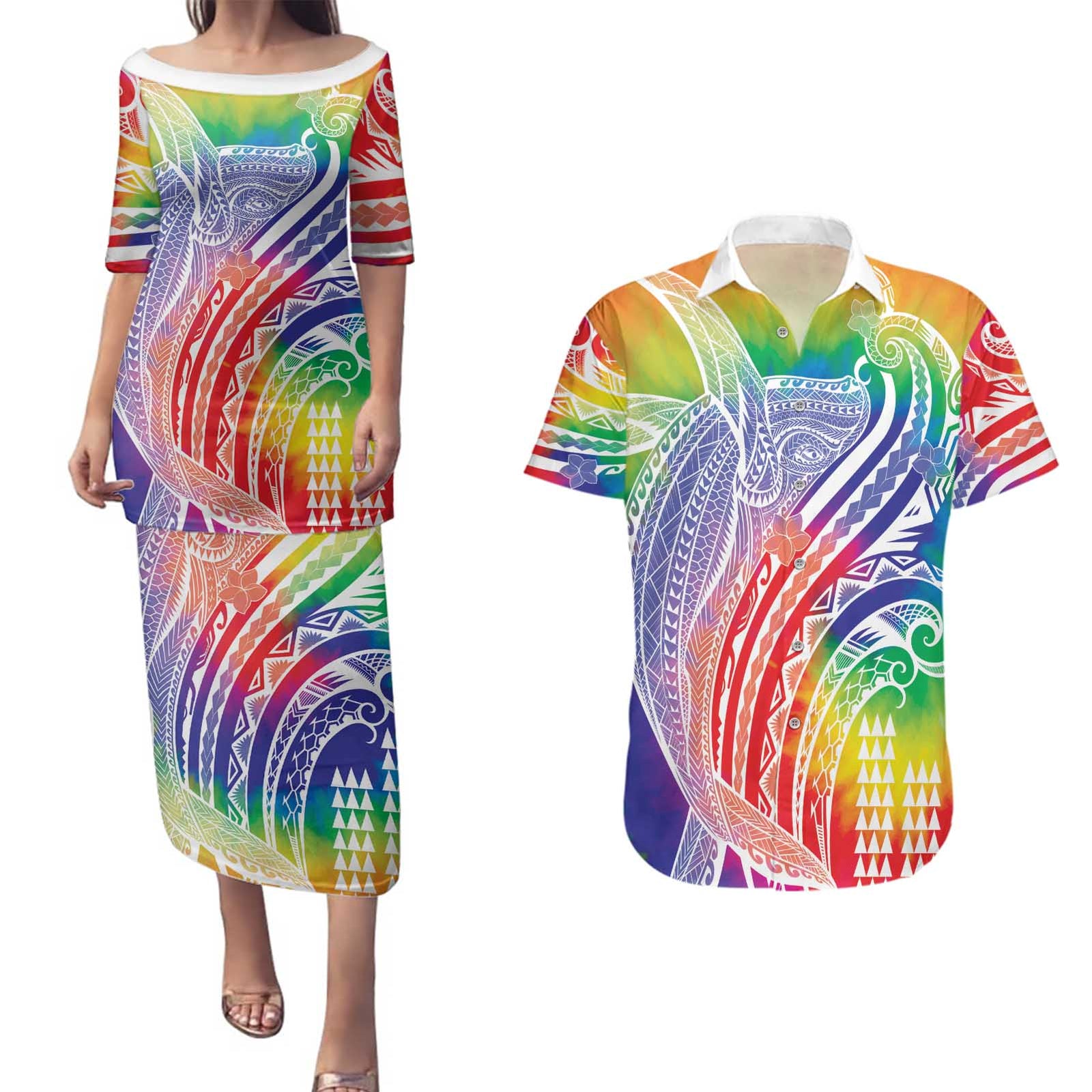 Aloha Pride Rainbow Tie Dye Couples Matching Puletasi and Hawaiian Shirt Humpback Whale - Love is Love LT7 Colorful - Polynesian Pride