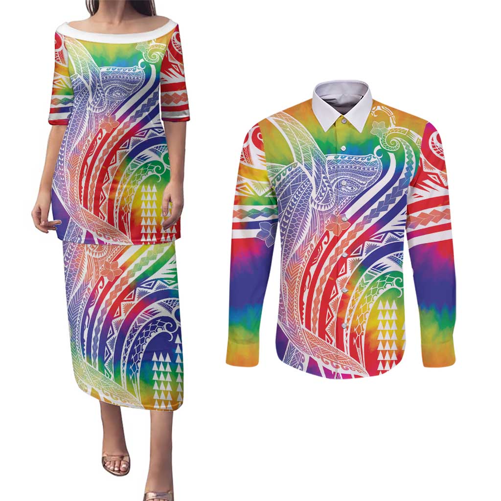 Aloha Pride Rainbow Tie Dye Couples Matching Puletasi and Long Sleeve Button Shirt Humpback Whale - Love is Love LT7 Colorful - Polynesian Pride