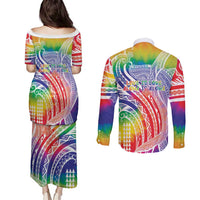 Aloha Pride Rainbow Tie Dye Couples Matching Puletasi and Long Sleeve Button Shirt Humpback Whale - Love is Love LT7 - Polynesian Pride