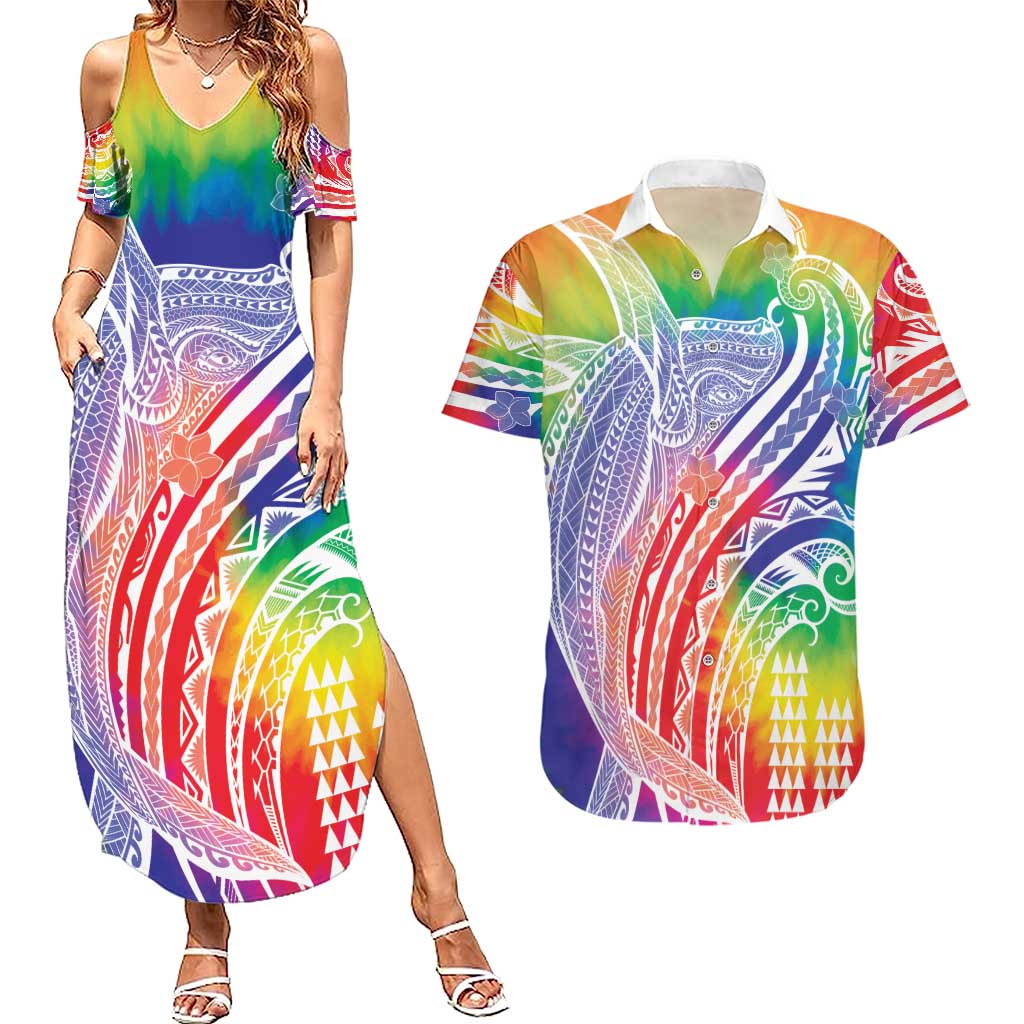 Aloha Pride Rainbow Tie Dye Couples Matching Summer Maxi Dress and Hawaiian Shirt Humpback Whale - Love is Love LT7 Colorful - Polynesian Pride
