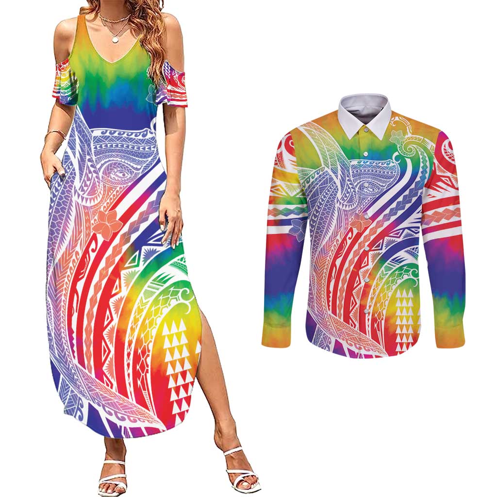 Aloha Pride Rainbow Tie Dye Couples Matching Summer Maxi Dress and Long Sleeve Button Shirt Humpback Whale - Love is Love
