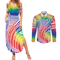 Aloha Pride Rainbow Tie Dye Couples Matching Summer Maxi Dress and Long Sleeve Button Shirt Humpback Whale - Love is Love