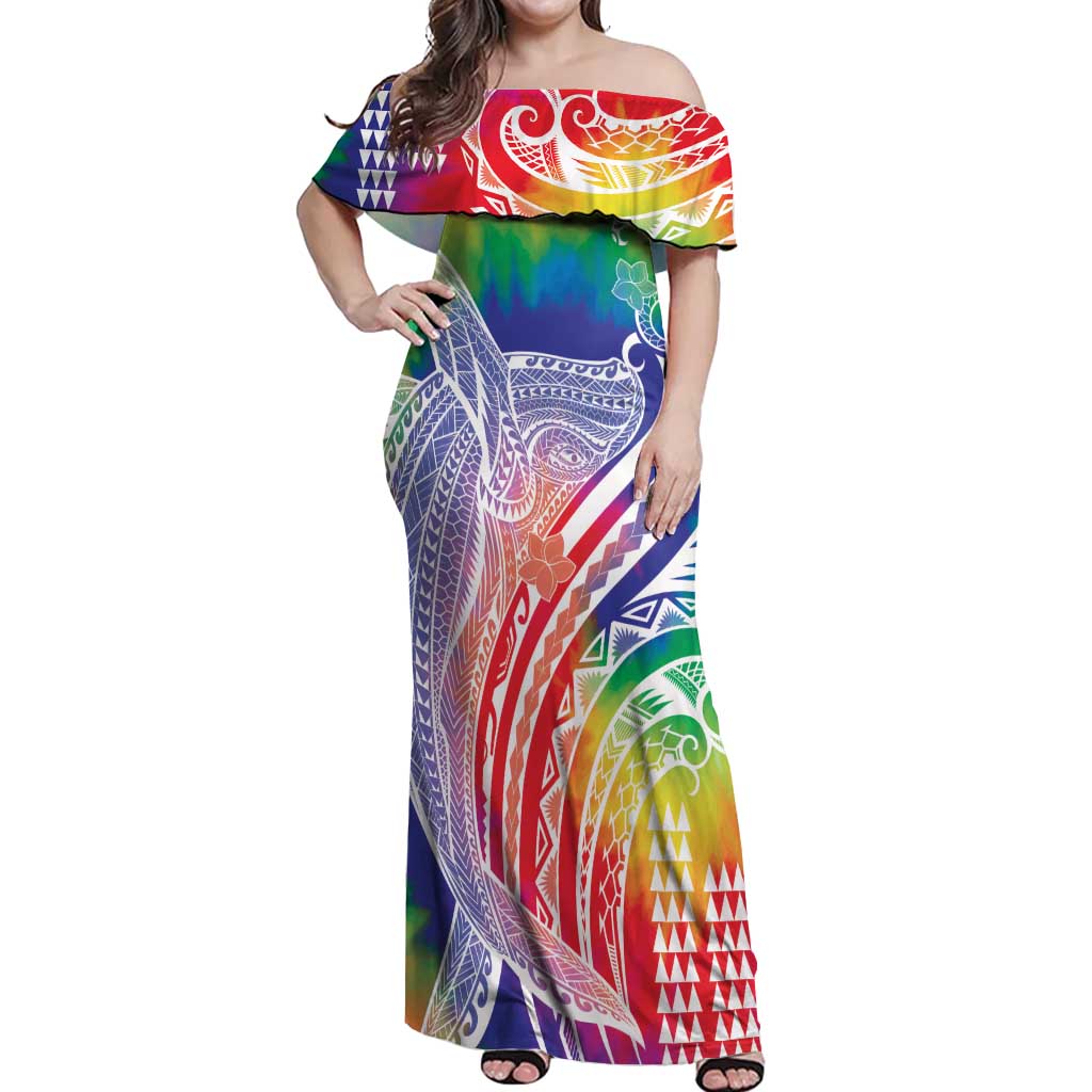 Aloha Pride Rainbow Tie Dye Off Shoulder Maxi Dress Humpback Whale - Love is Love LT7 Women Colorful - Polynesian Pride