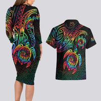 Hawaii Pride Couples Matching Long Sleeve Bodycon Dress and Hawaiian Shirt Rainbow Swirls LT7 - Polynesian Pride