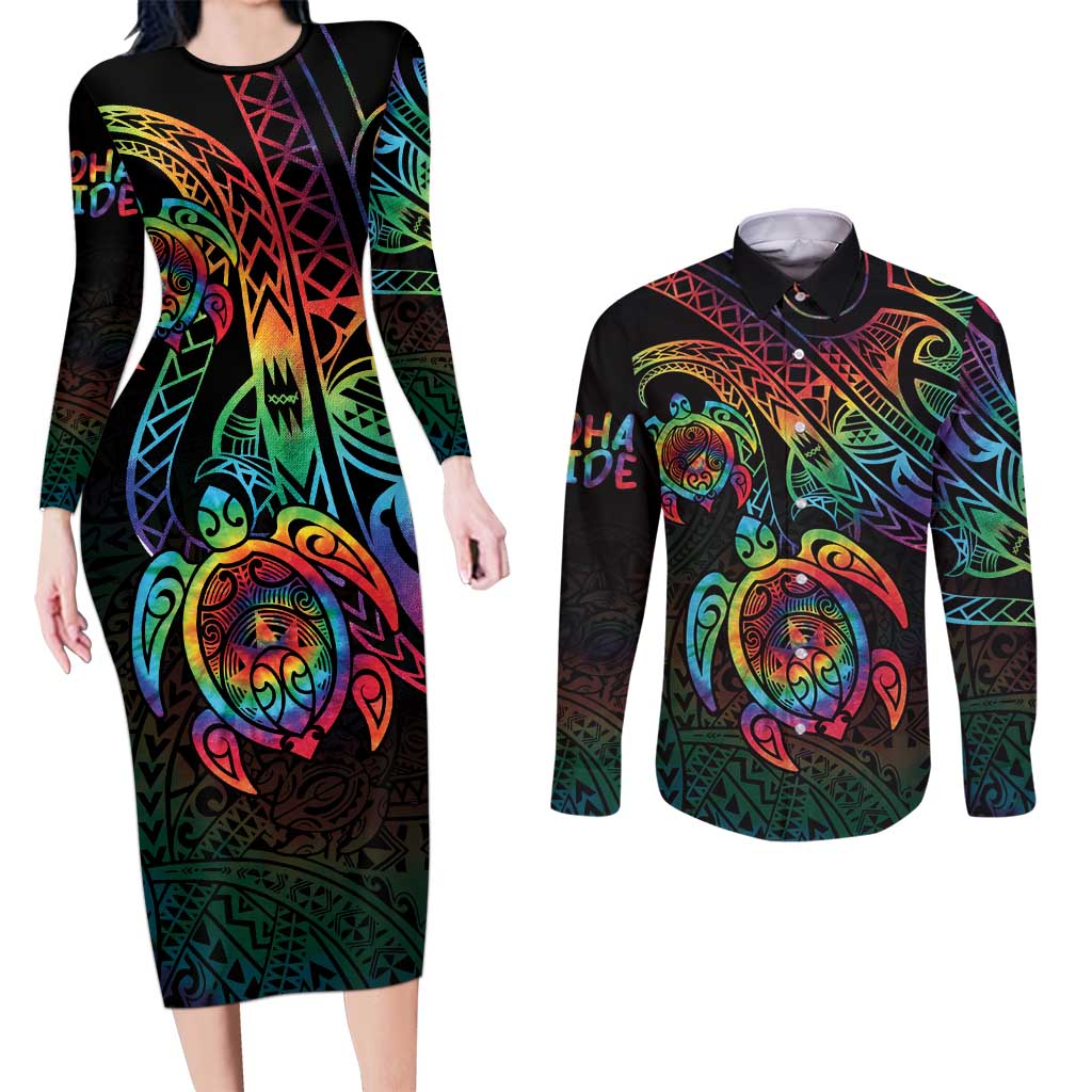 Hawaii Pride Couples Matching Long Sleeve Bodycon Dress and Long Sleeve Button Shirt Rainbow Swirls
