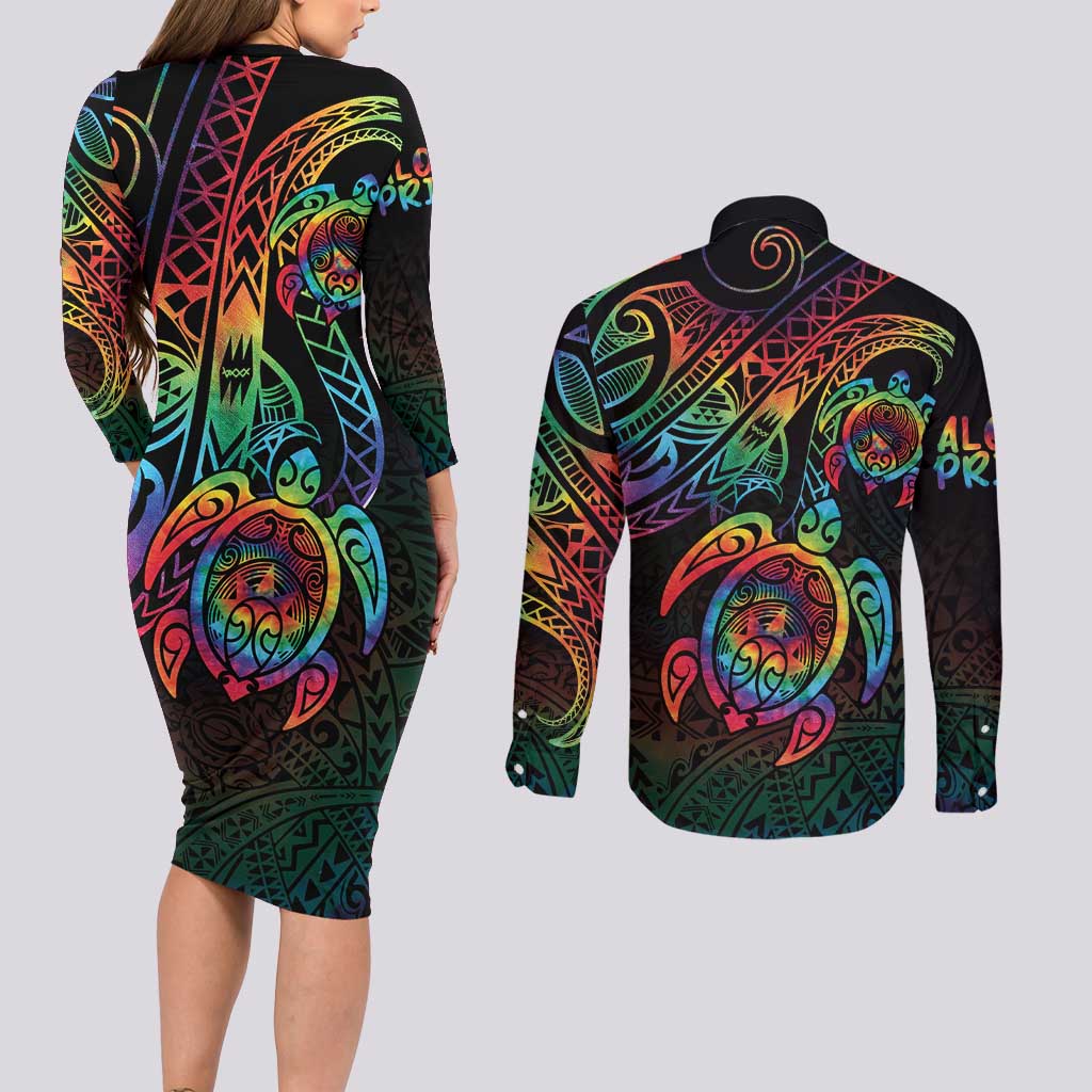 Hawaii Pride Couples Matching Long Sleeve Bodycon Dress and Long Sleeve Button Shirt Rainbow Swirls LT7 - Polynesian Pride
