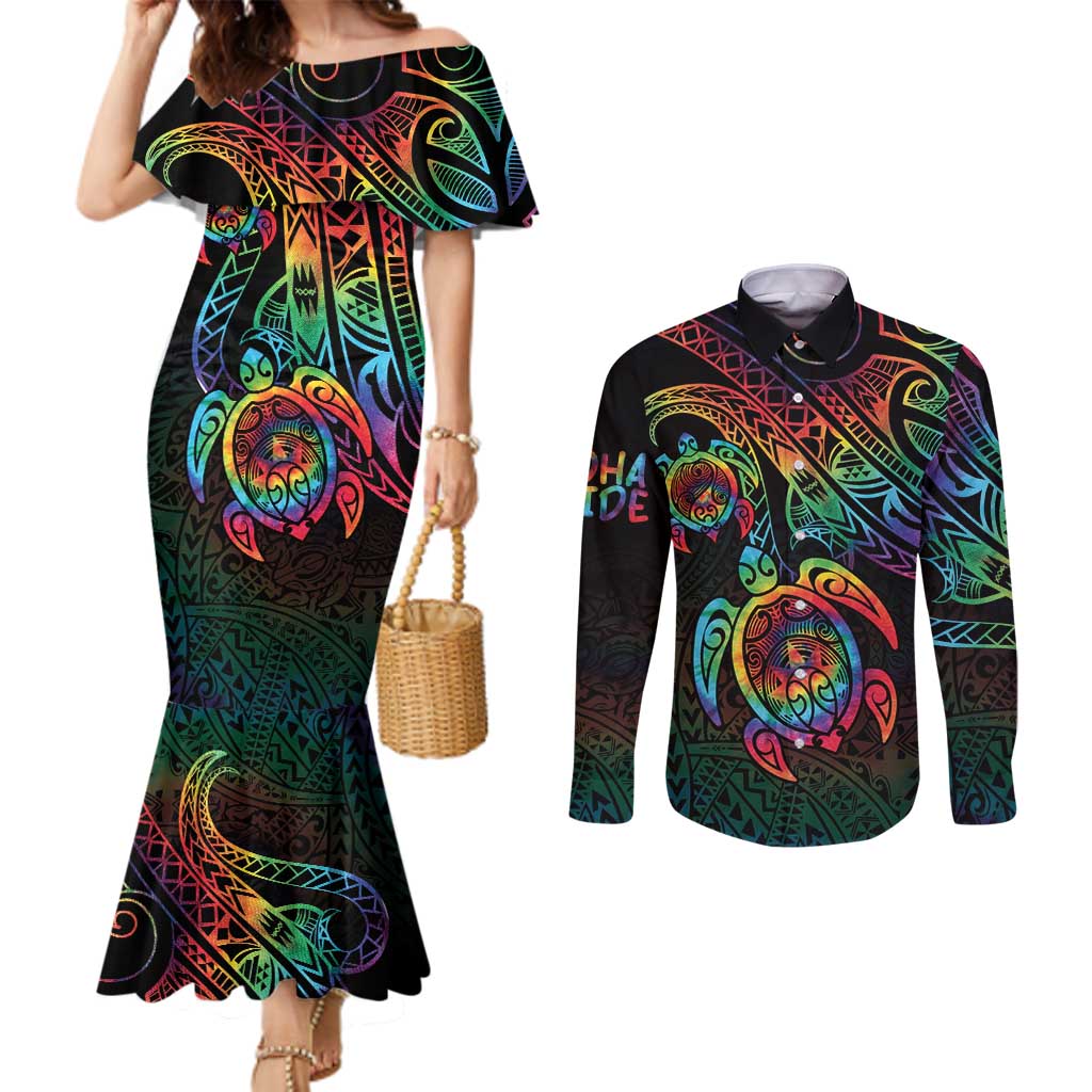 Hawaii Pride Couples Matching Mermaid Dress and Long Sleeve Button Shirt Rainbow Swirls