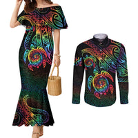 Hawaii Pride Couples Matching Mermaid Dress and Long Sleeve Button Shirt Rainbow Swirls LT7 Colorful - Polynesian Pride