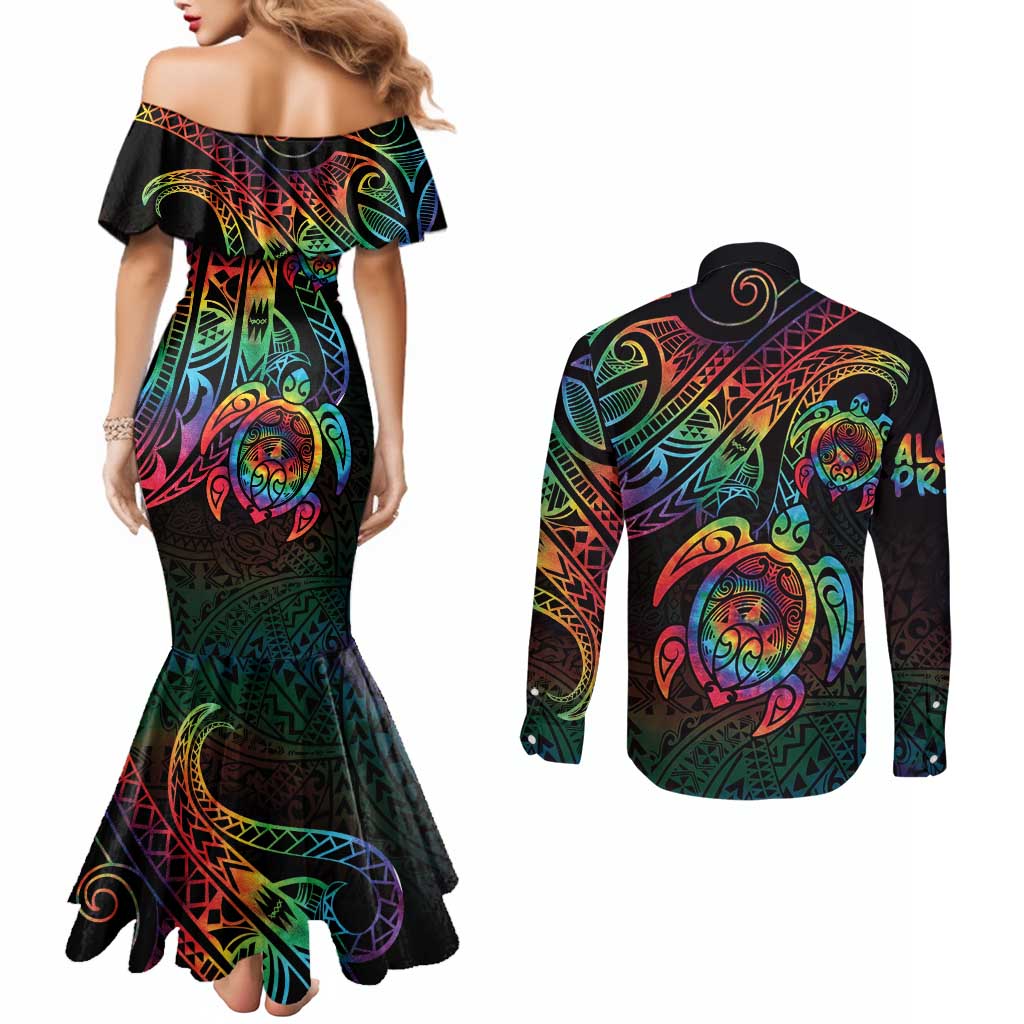 Hawaii Pride Couples Matching Mermaid Dress and Long Sleeve Button Shirt Rainbow Swirls LT7 - Polynesian Pride