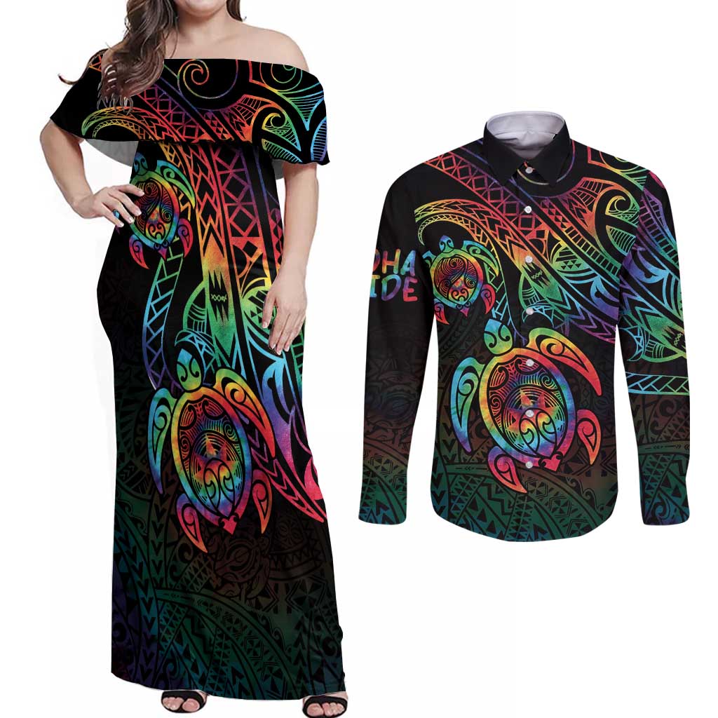 Hawaii Pride Couples Matching Off Shoulder Maxi Dress and Long Sleeve Button Shirt Rainbow Swirls