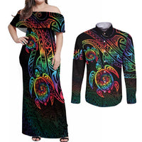 Hawaii Pride Couples Matching Off Shoulder Maxi Dress and Long Sleeve Button Shirt Rainbow Swirls LT7 Colorful - Polynesian Pride