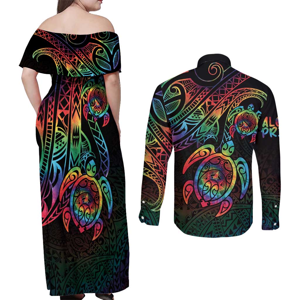 Hawaii Pride Couples Matching Off Shoulder Maxi Dress and Long Sleeve Button Shirt Rainbow Swirls LT7 - Polynesian Pride