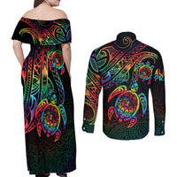 Hawaii Pride Couples Matching Off Shoulder Maxi Dress and Long Sleeve Button Shirt Rainbow Swirls LT7 - Polynesian Pride