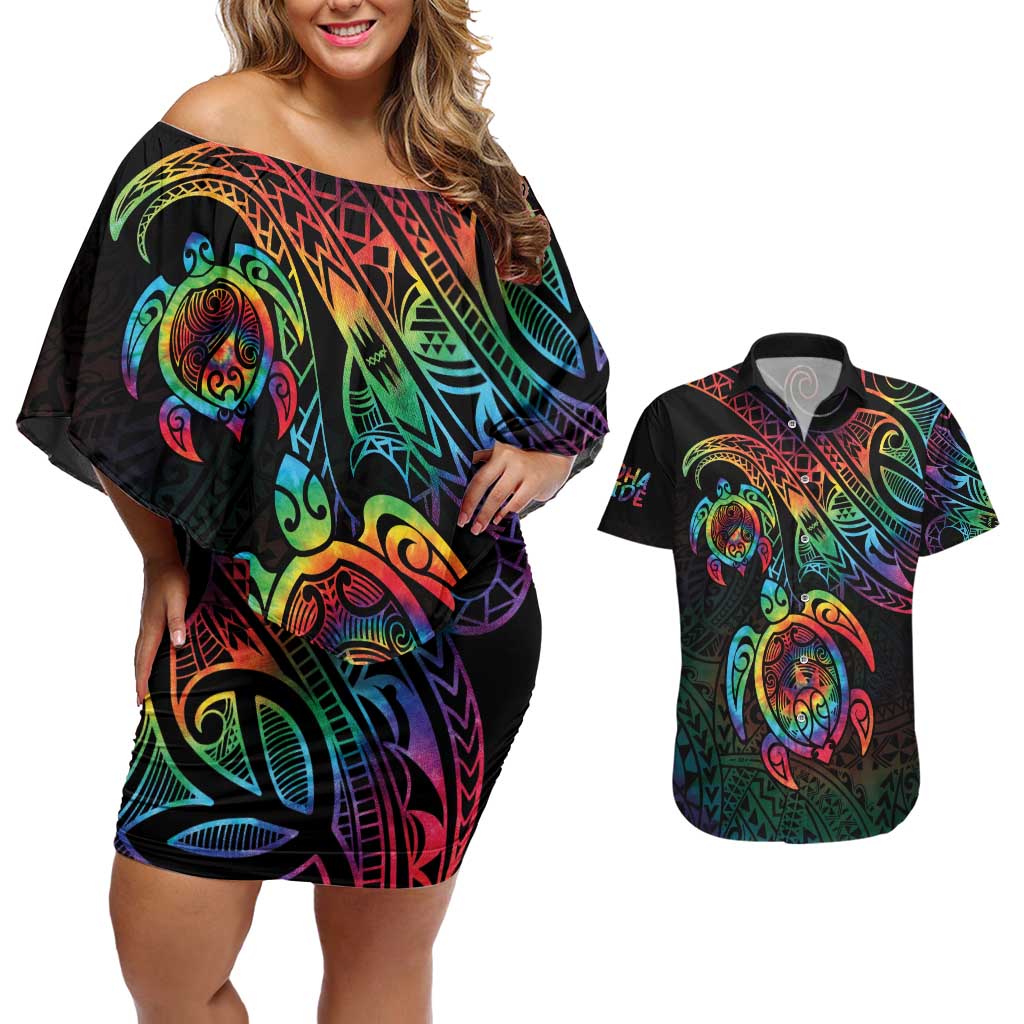 Hawaii Pride Couples Matching Off Shoulder Short Dress and Hawaiian Shirt Rainbow Swirls LT7 Colorful - Polynesian Pride