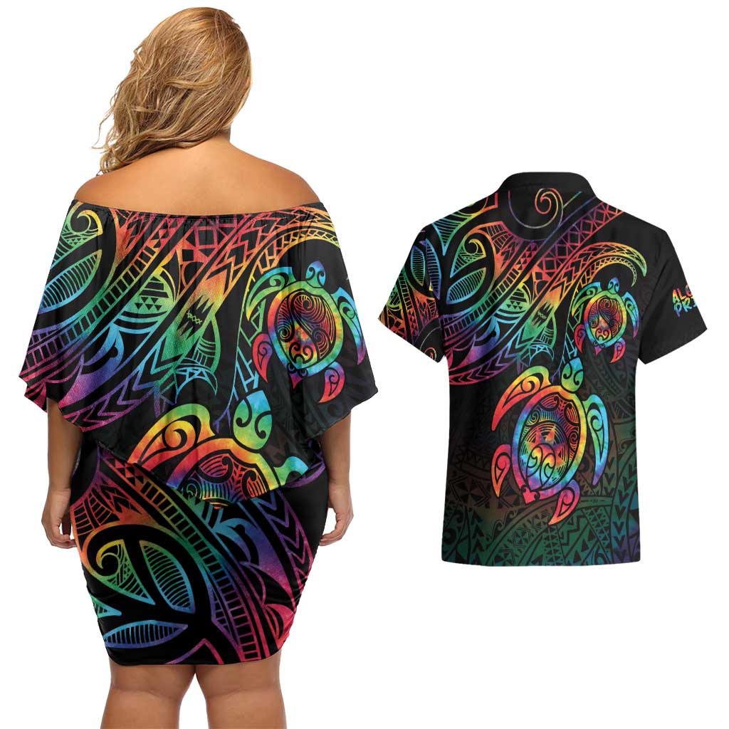 Hawaii Pride Couples Matching Off Shoulder Short Dress and Hawaiian Shirt Rainbow Swirls LT7 - Polynesian Pride