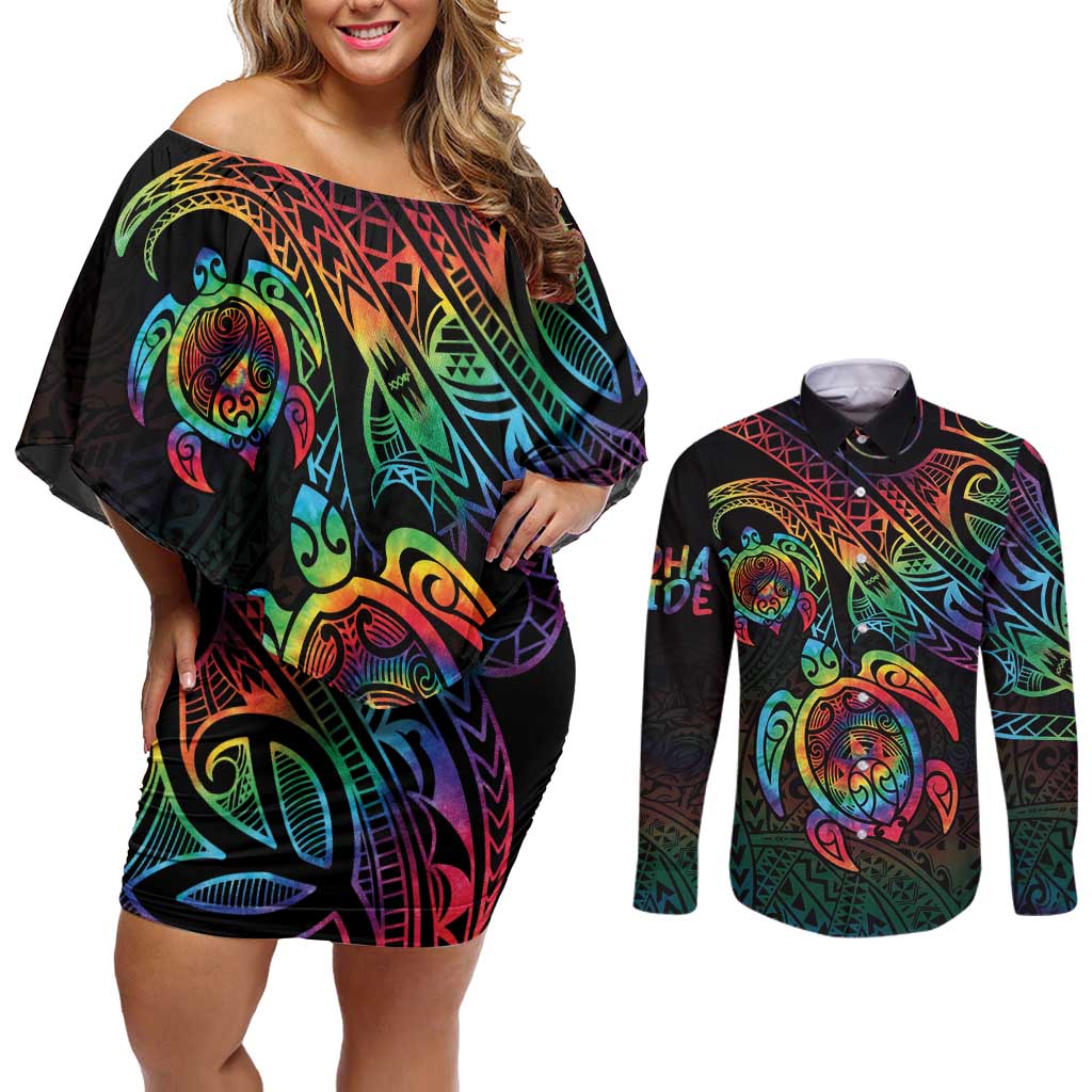 Hawaii Pride Couples Matching Off Shoulder Short Dress and Long Sleeve Button Shirt Rainbow Swirls