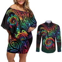 Hawaii Pride Couples Matching Off Shoulder Short Dress and Long Sleeve Button Shirt Rainbow Swirls LT7 Colorful - Polynesian Pride