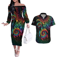 Hawaii Pride Couples Matching Off The Shoulder Long Sleeve Dress and Hawaiian Shirt Rainbow Swirls LT7 Colorful - Polynesian Pride