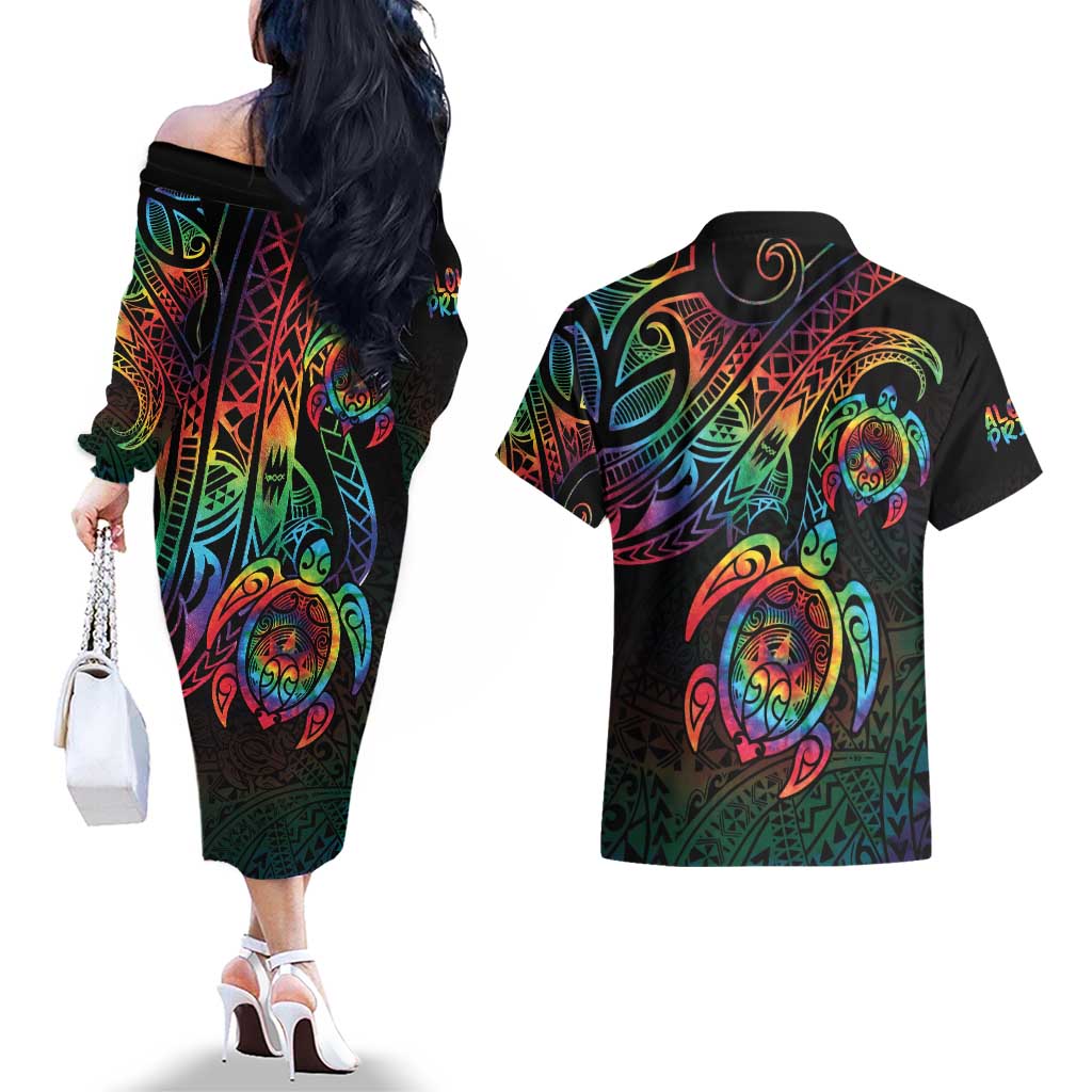 Hawaii Pride Couples Matching Off The Shoulder Long Sleeve Dress and Hawaiian Shirt Rainbow Swirls LT7 - Polynesian Pride