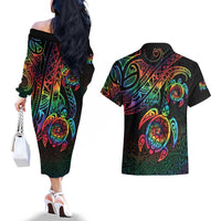 Hawaii Pride Couples Matching Off The Shoulder Long Sleeve Dress and Hawaiian Shirt Rainbow Swirls LT7 - Polynesian Pride