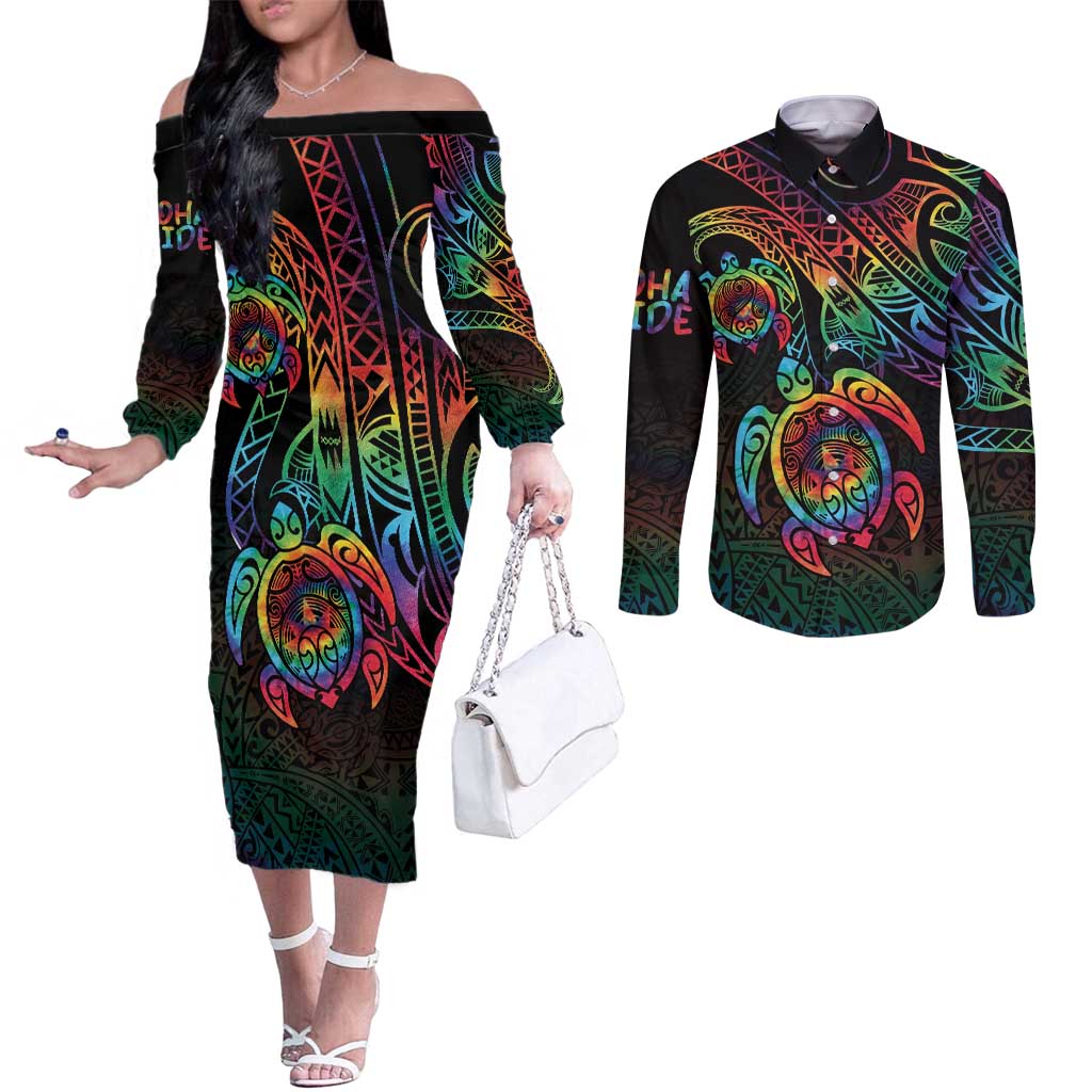 Hawaii Pride Couples Matching Off The Shoulder Long Sleeve Dress and Long Sleeve Button Shirt Rainbow Swirls