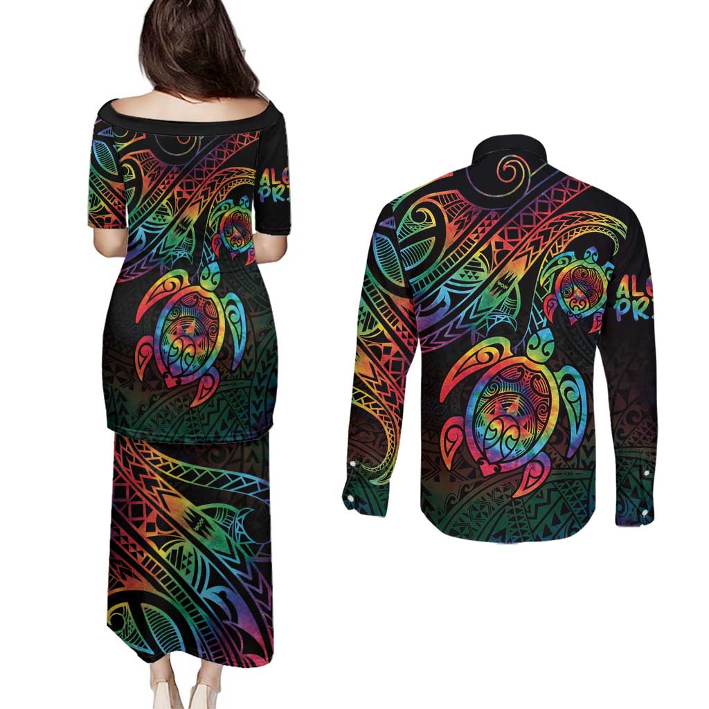 Hawaii Pride Couples Matching Puletasi and Long Sleeve Button Shirt Rainbow Swirls LT7 - Polynesian Pride