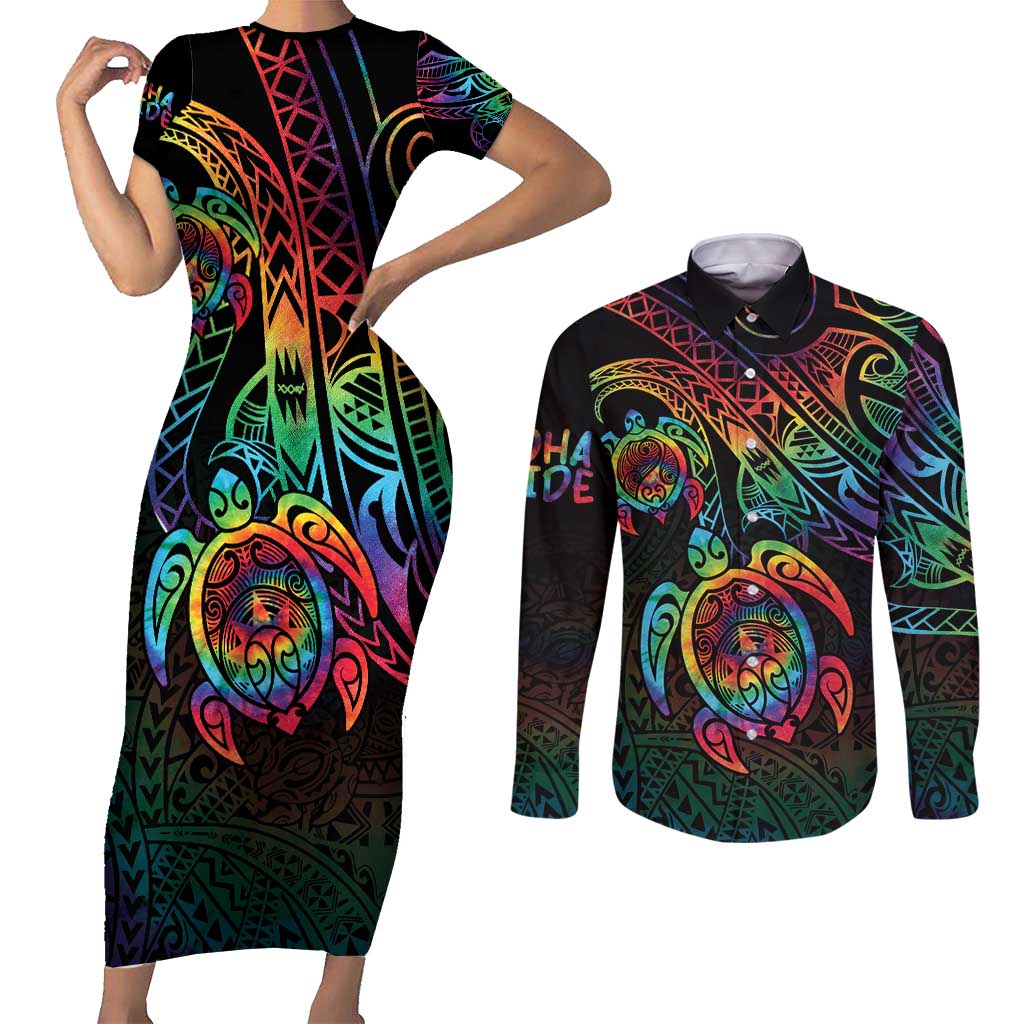 Hawaii Pride Couples Matching Short Sleeve Bodycon Dress and Long Sleeve Button Shirt Rainbow Swirls