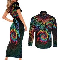 Hawaii Pride Couples Matching Short Sleeve Bodycon Dress and Long Sleeve Button Shirt Rainbow Swirls