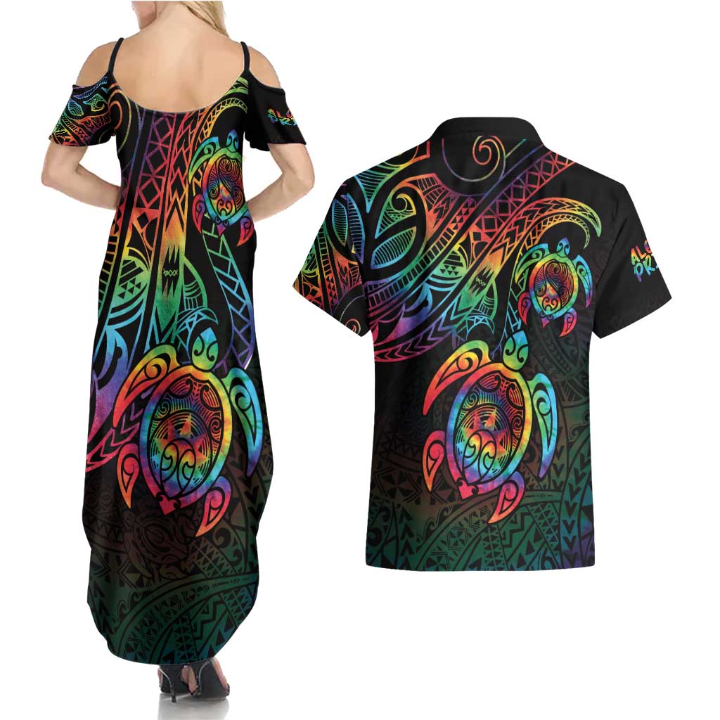 Hawaii Pride Couples Matching Summer Maxi Dress and Hawaiian Shirt Rainbow Swirls LT7 - Polynesian Pride