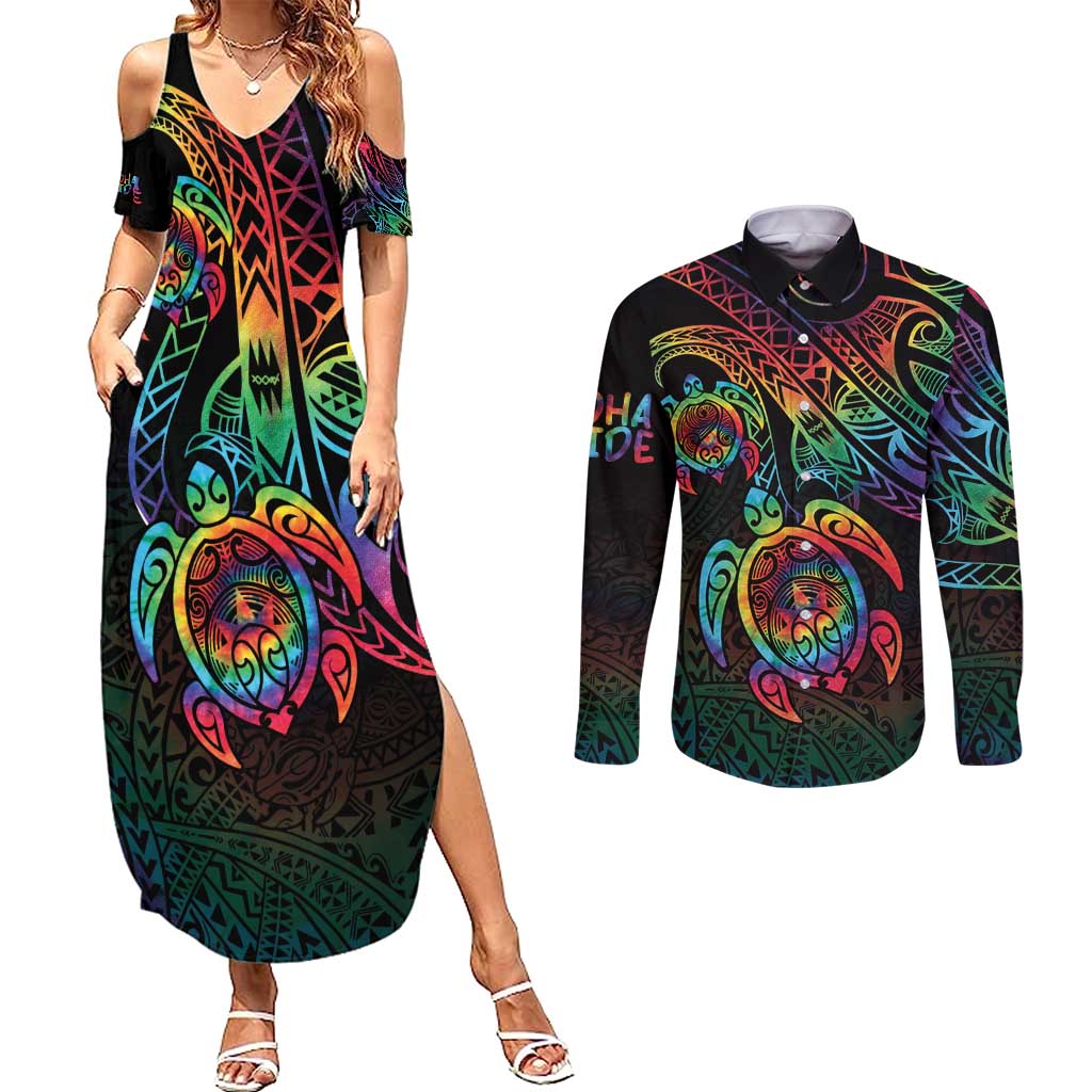 Hawaii Pride Couples Matching Summer Maxi Dress and Long Sleeve Button Shirt Rainbow Swirls