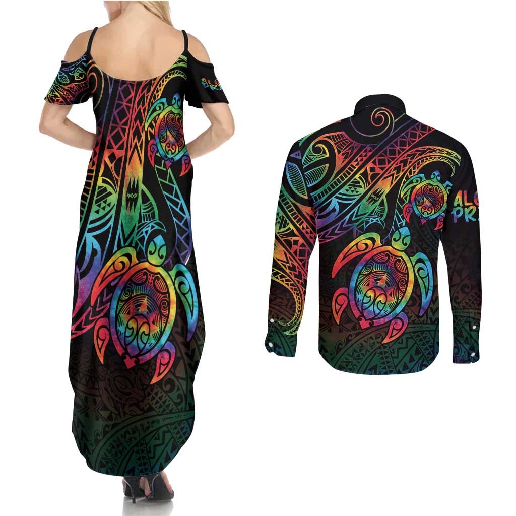 Hawaii Pride Couples Matching Summer Maxi Dress and Long Sleeve Button Shirt Rainbow Swirls LT7 - Polynesian Pride