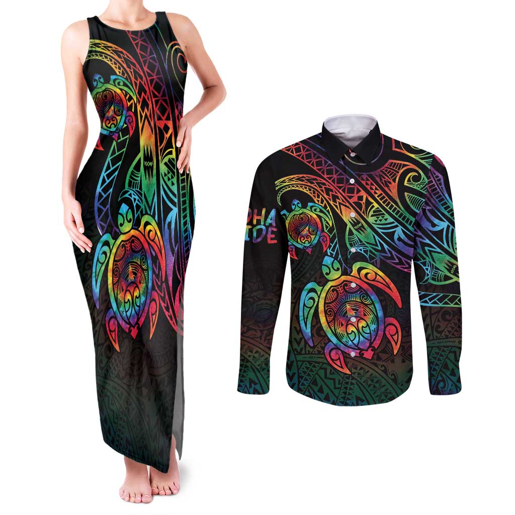 Hawaii Pride Couples Matching Tank Maxi Dress and Long Sleeve Button Shirt Rainbow Swirls