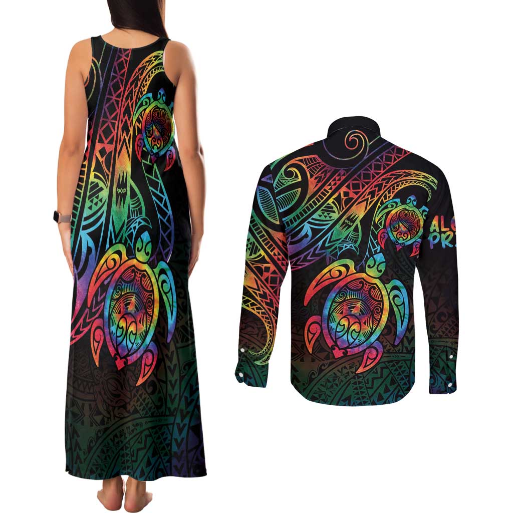 Hawaii Pride Couples Matching Tank Maxi Dress and Long Sleeve Button Shirt Rainbow Swirls LT7 - Polynesian Pride
