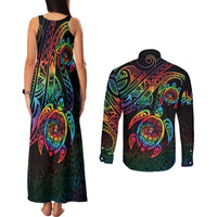 Hawaii Pride Couples Matching Tank Maxi Dress and Long Sleeve Button Shirt Rainbow Swirls LT7 - Polynesian Pride