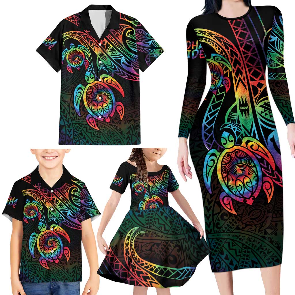 Hawaii Pride Family Matching Long Sleeve Bodycon Dress and Hawaiian Shirt Rainbow Swirls