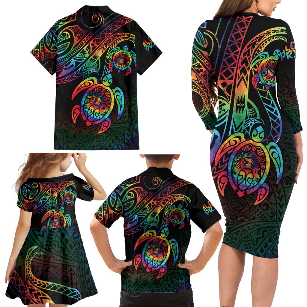 Hawaii Pride Family Matching Long Sleeve Bodycon Dress and Hawaiian Shirt Rainbow Swirls