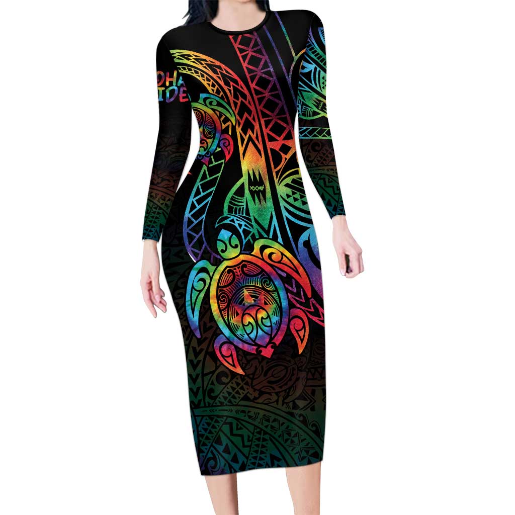 Hawaii Pride Family Matching Long Sleeve Bodycon Dress and Hawaiian Shirt Rainbow Swirls