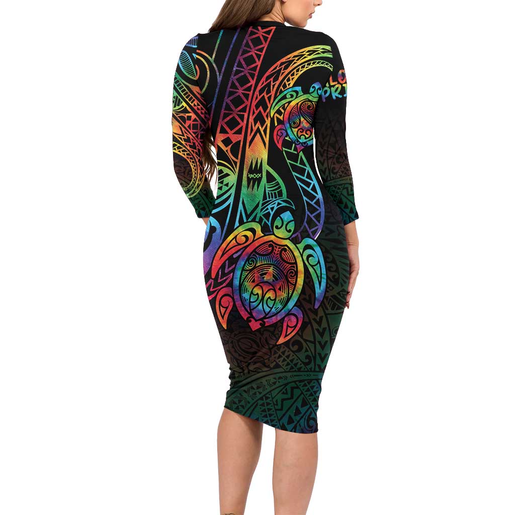 Hawaii Pride Family Matching Long Sleeve Bodycon Dress and Hawaiian Shirt Rainbow Swirls