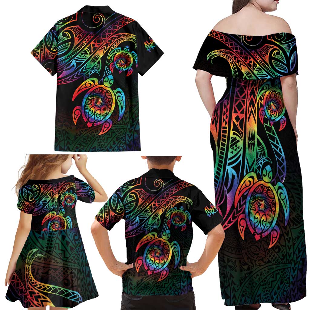 Hawaii Pride Family Matching Off Shoulder Maxi Dress and Hawaiian Shirt Rainbow Swirls