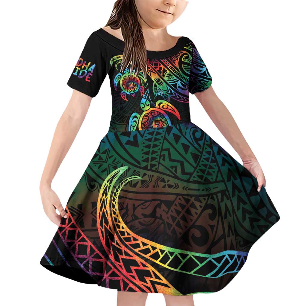 Hawaii Pride Family Matching Off Shoulder Short Dress and Hawaiian Shirt Rainbow Swirls