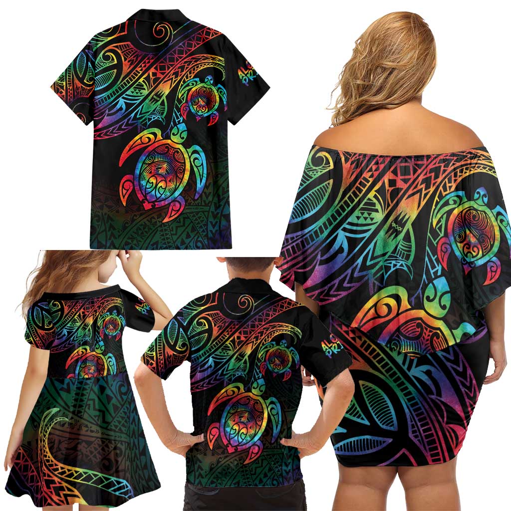 Hawaii Pride Family Matching Off Shoulder Short Dress and Hawaiian Shirt Rainbow Swirls