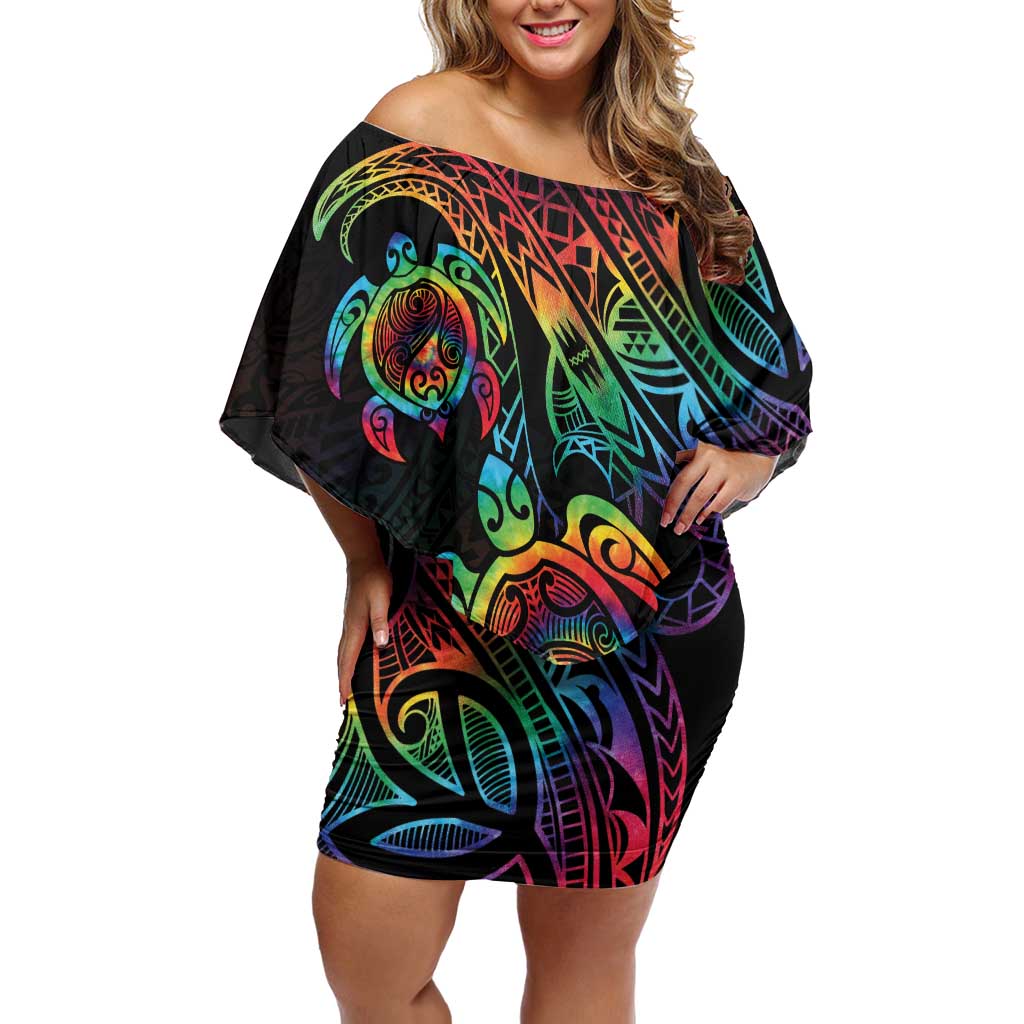 Hawaii Pride Family Matching Off Shoulder Short Dress and Hawaiian Shirt Rainbow Swirls