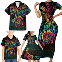 Hawaii Pride Family Matching Short Sleeve Bodycon Dress and Hawaiian Shirt Rainbow Swirls