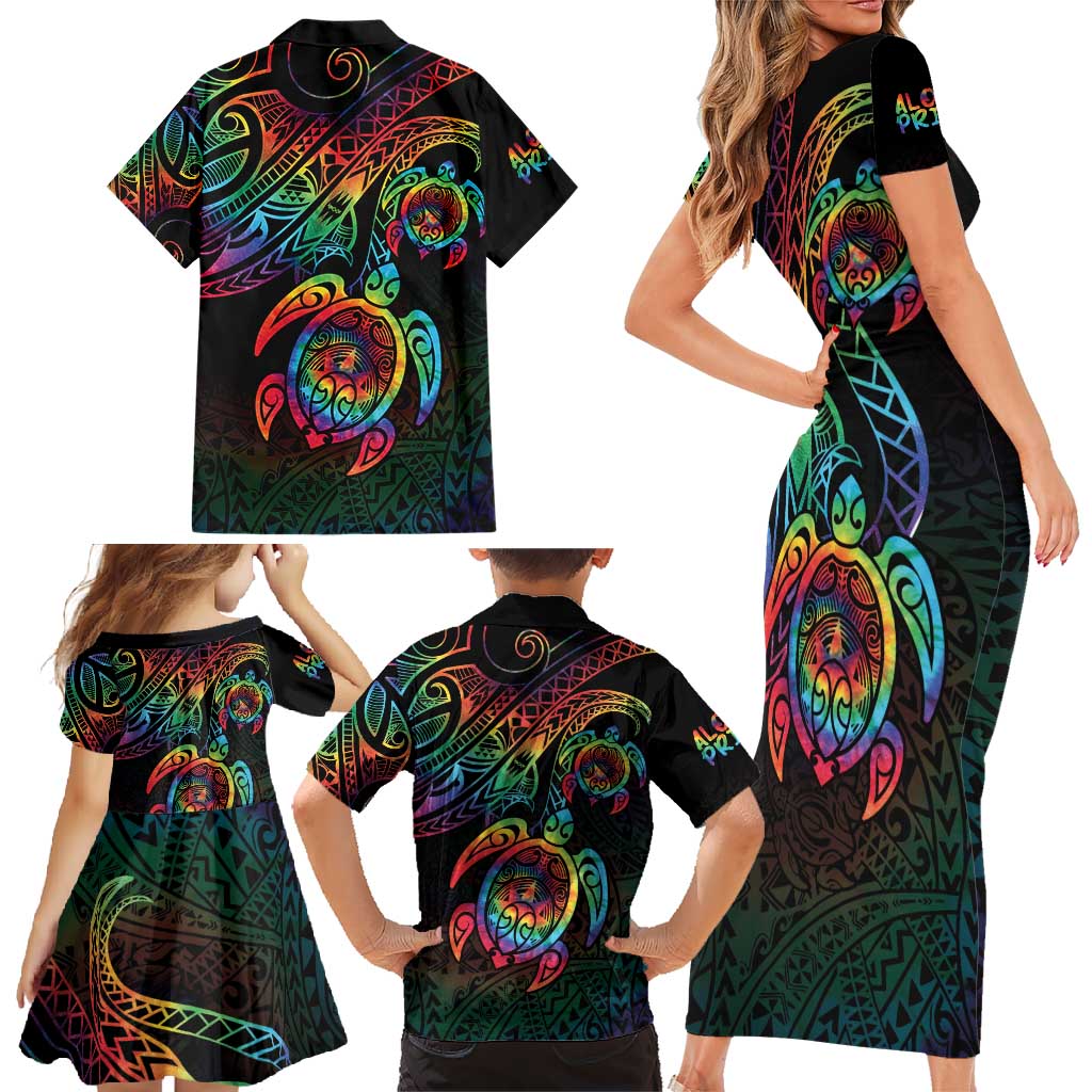 Hawaii Pride Family Matching Short Sleeve Bodycon Dress and Hawaiian Shirt Rainbow Swirls