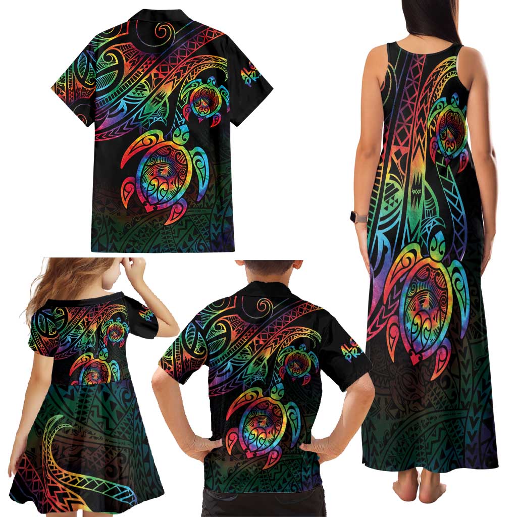Hawaii Pride Family Matching Tank Maxi Dress and Hawaiian Shirt Rainbow Swirls