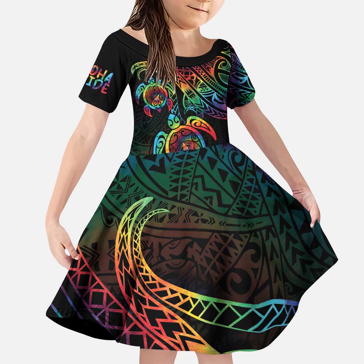 Hawaii Pride Kid Short Sleeve Dress Rainbow Swirls LT7 KID Colorful - Polynesian Pride