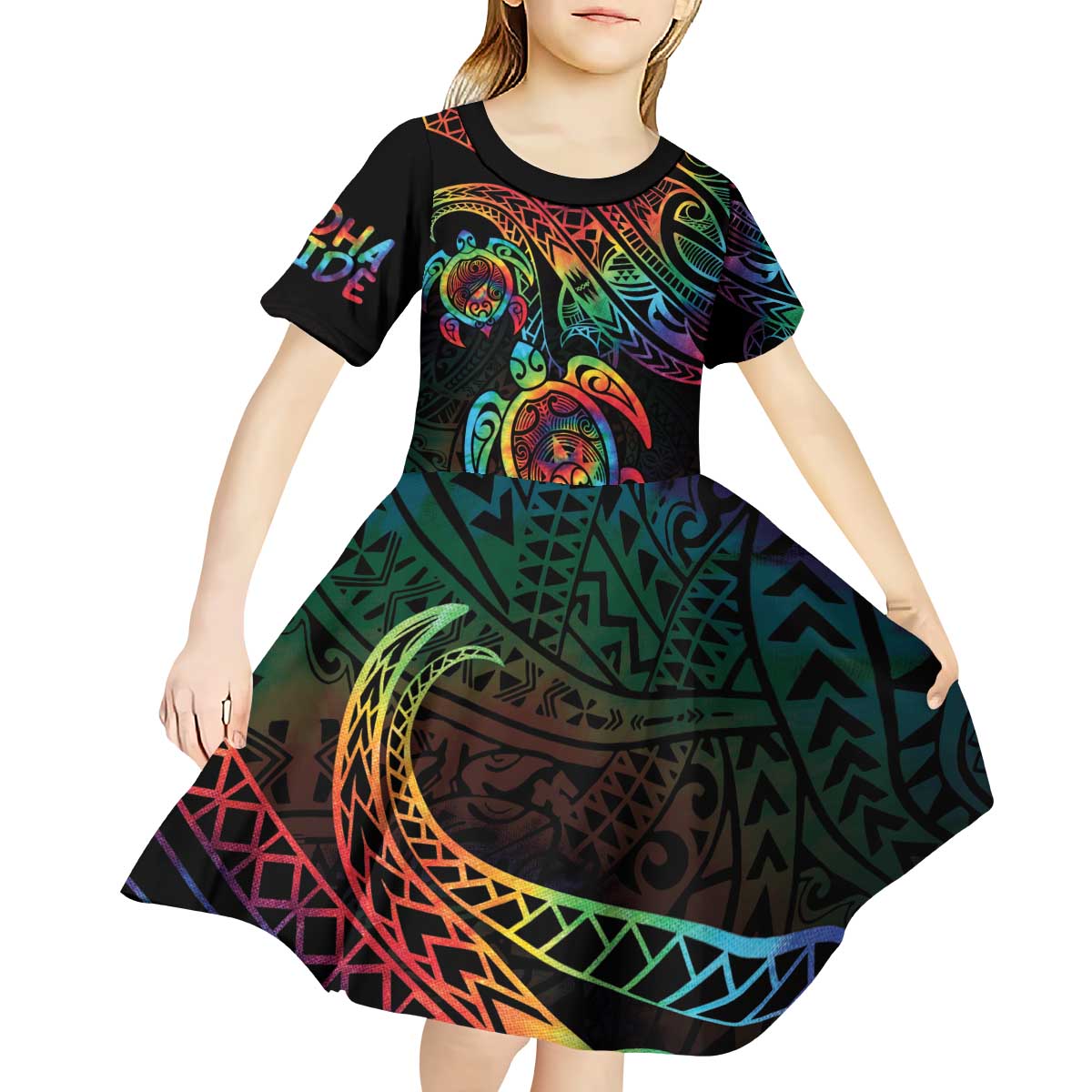 Hawaii Pride Kid Short Sleeve Dress Rainbow Swirls LT7 - Polynesian Pride