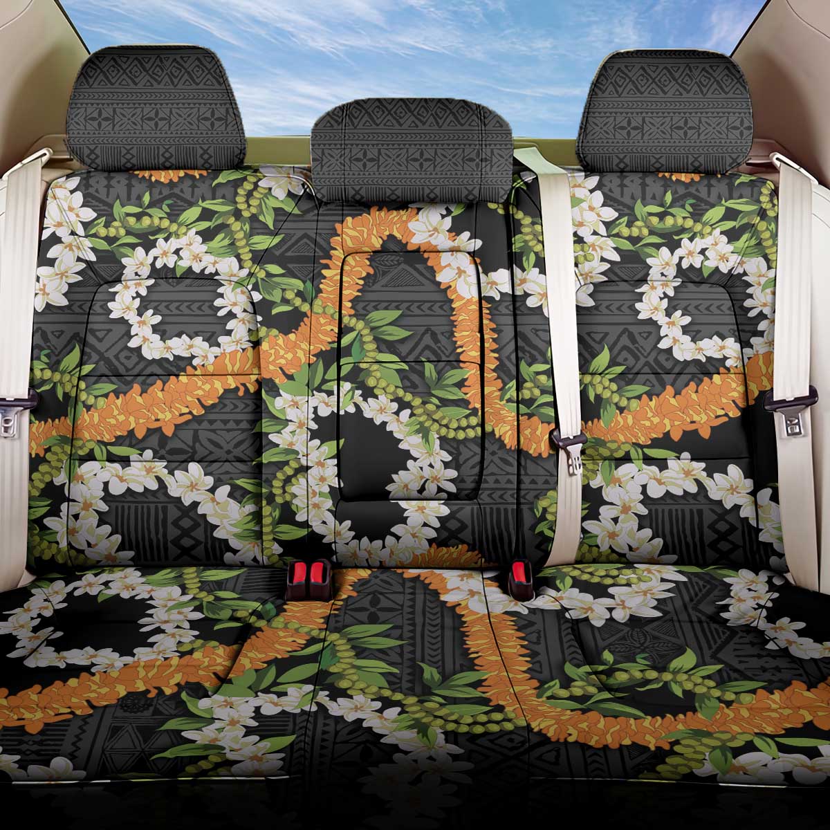 Aloha Festive Hawaii Back Car Seat Cover Mokihana - Maile and Ilima on Black - Polynesian Pride