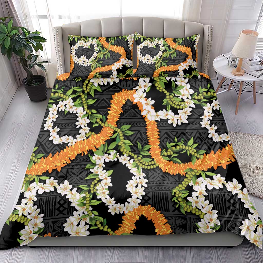 Aloha Festive Hawaii Bedding Set Mokihana - Maile and Ilima on Black - Polynesian Pride